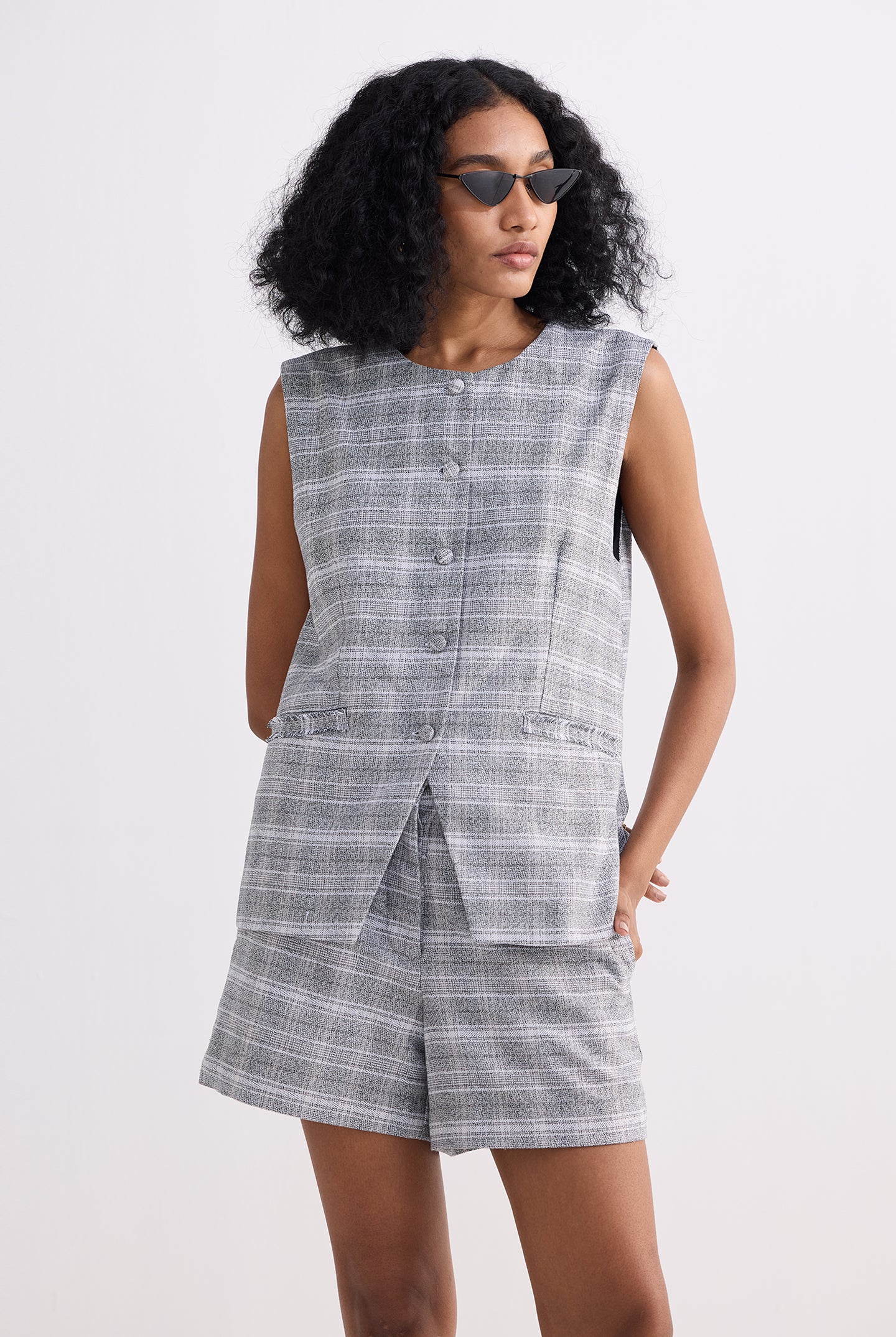 Cotton Tweed Vest Jacket Set in Grey Front