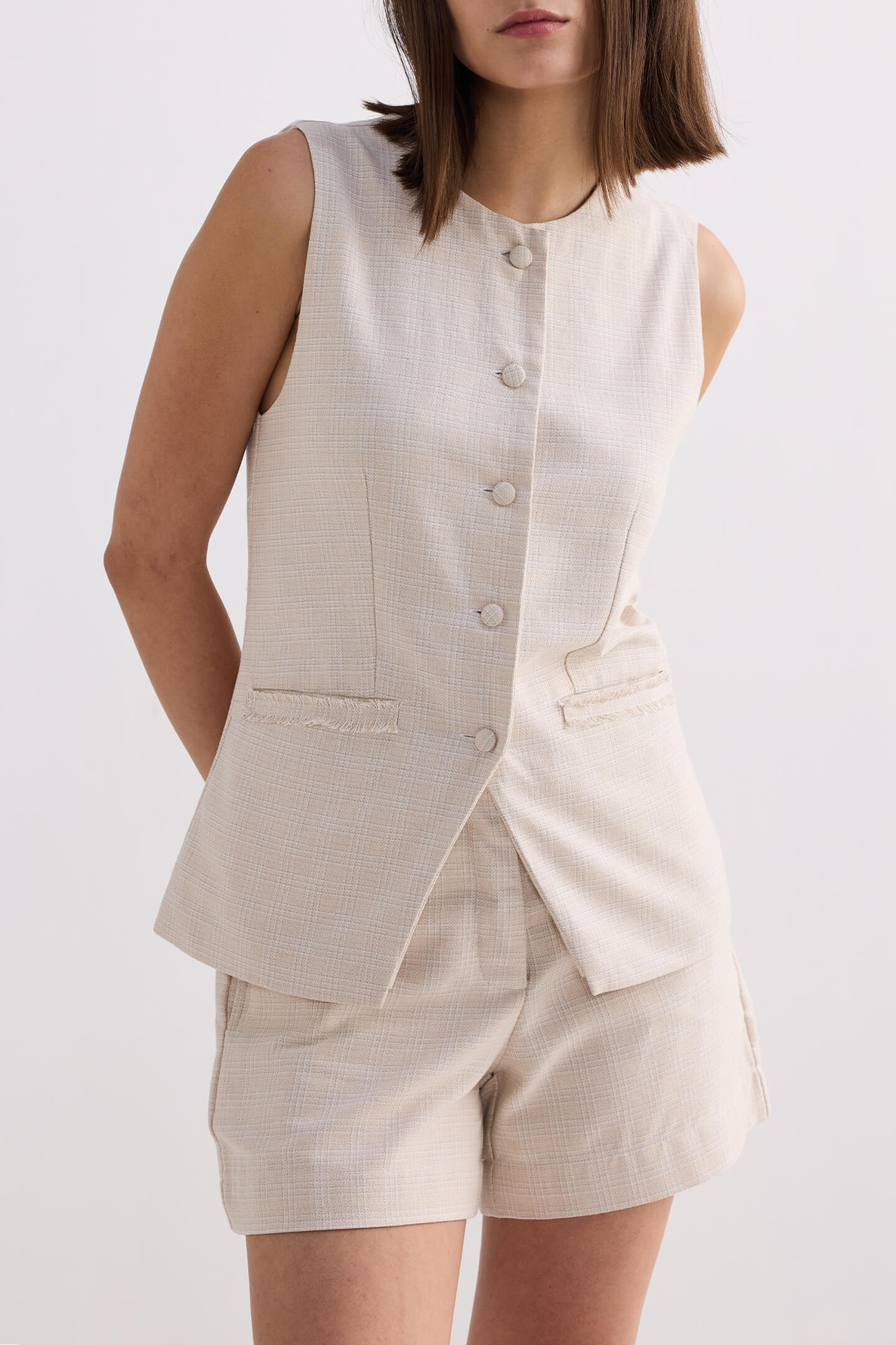 Cotton Tweed Shorts in Cream Closeup