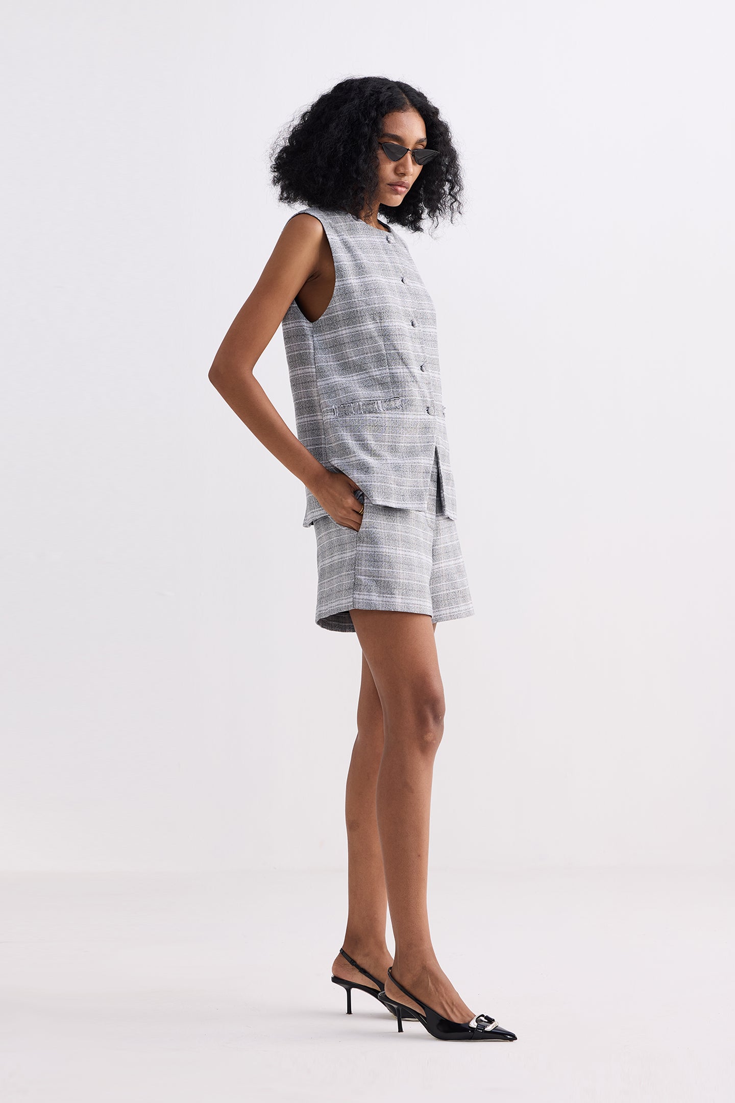 Cotton Tweed Vest Jacket Set in Grey Side