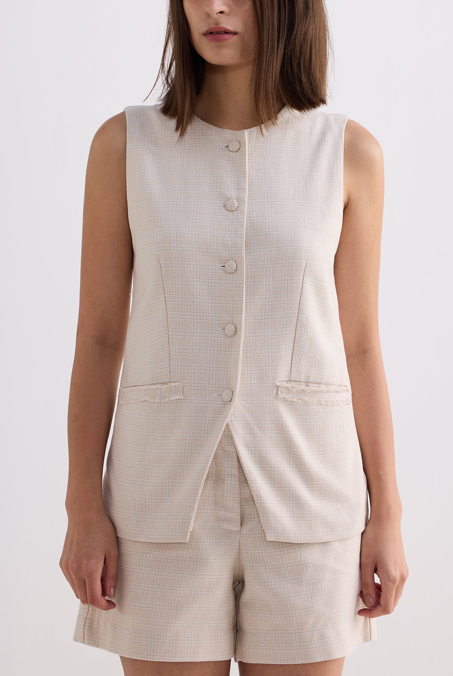 Cotton Tweed Vest Jacket Set in Cream Front