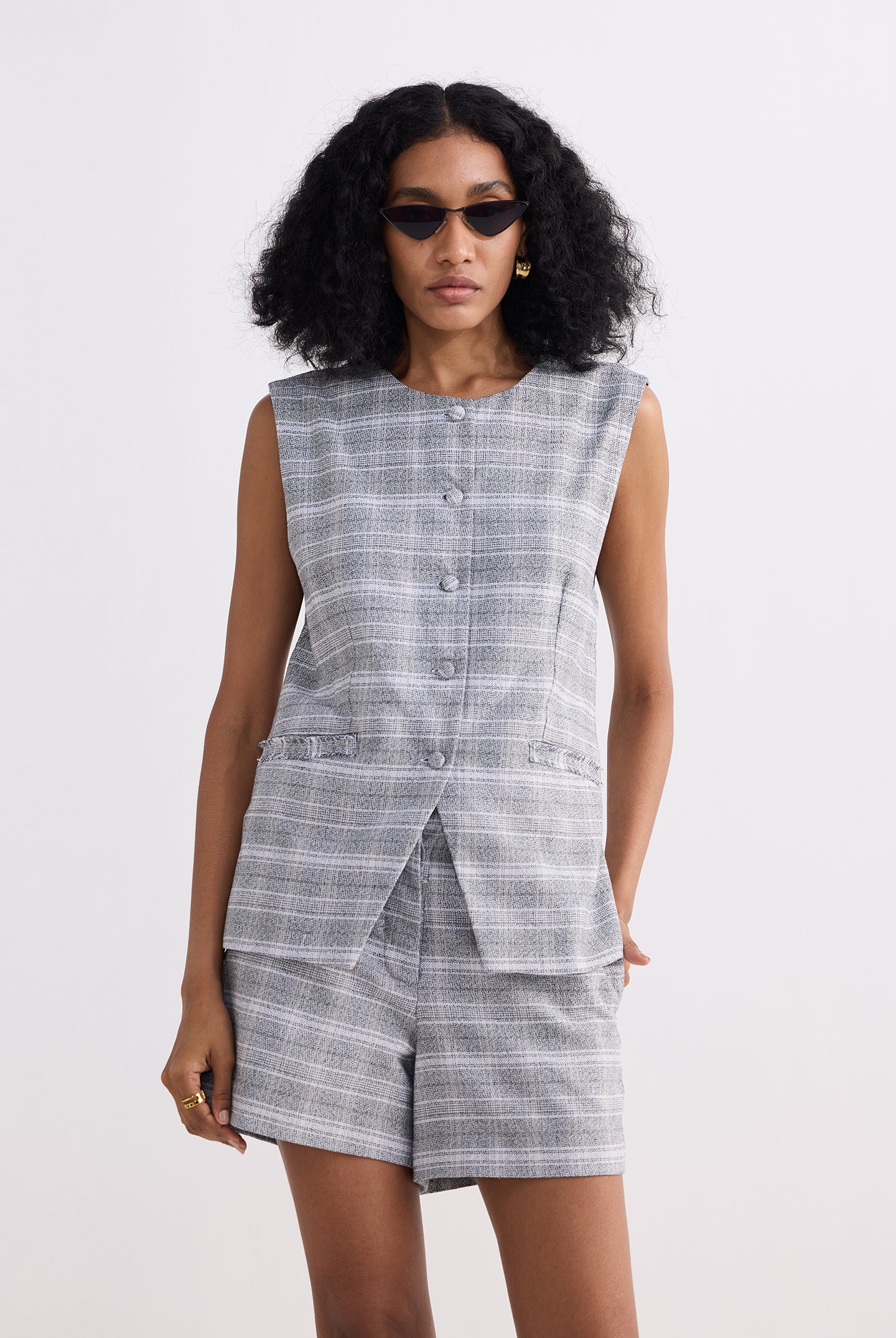 Cotton Tweed Vest Jacket Set in Grey Front