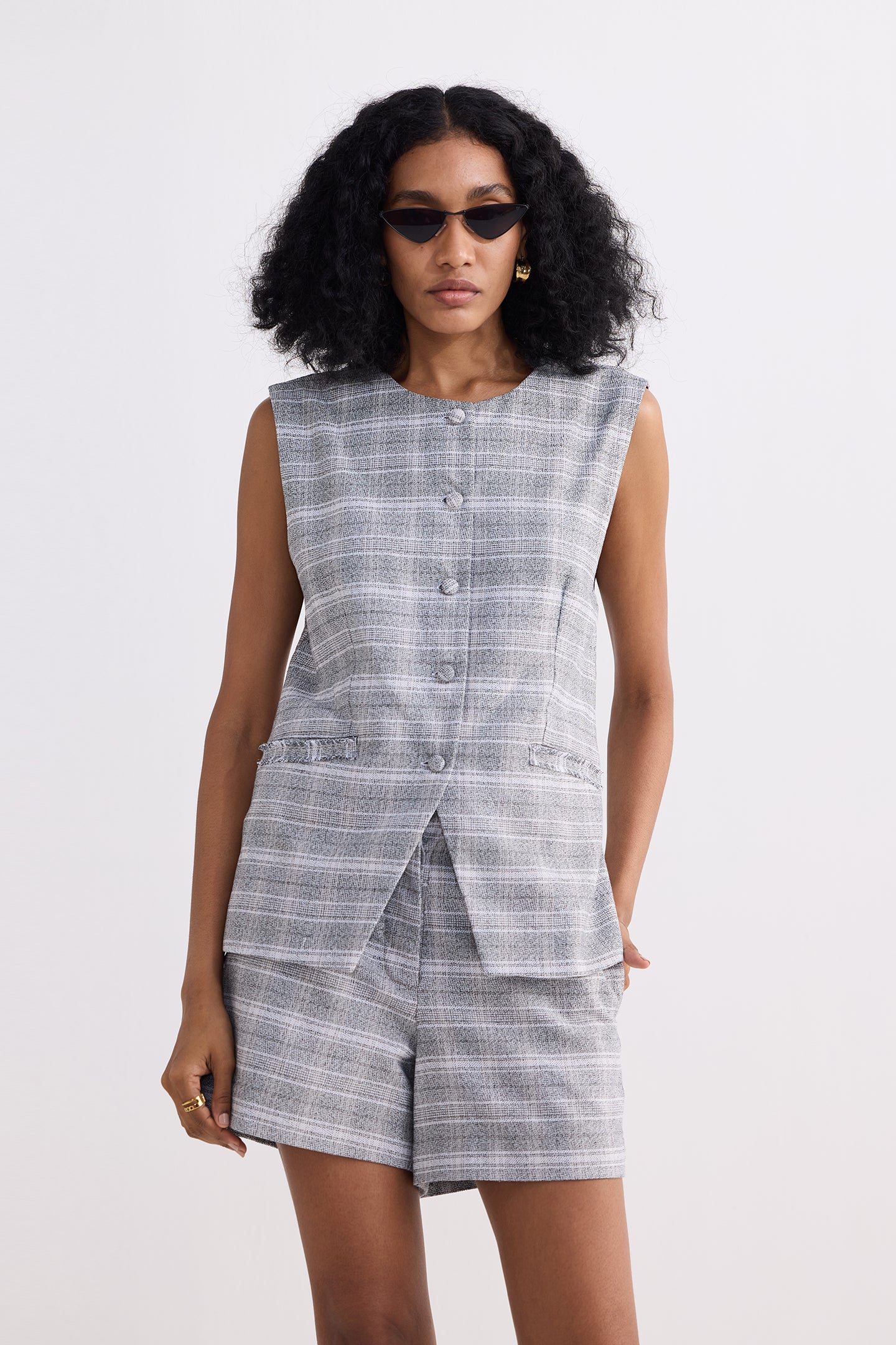 Cotton Tweed Vest Jacket Set in Grey Front