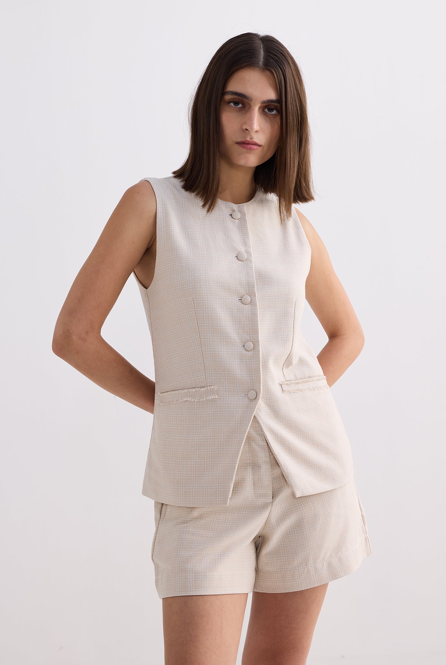 Cotton Tweed Vest Jacket Set in Cream Front