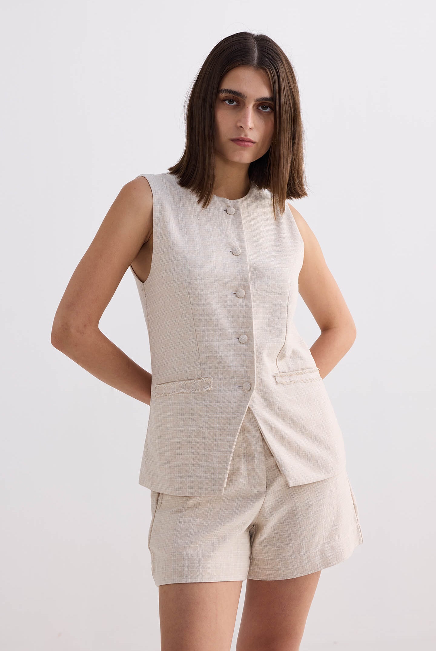 Cotton Tweed Shorts in Cream Closeup