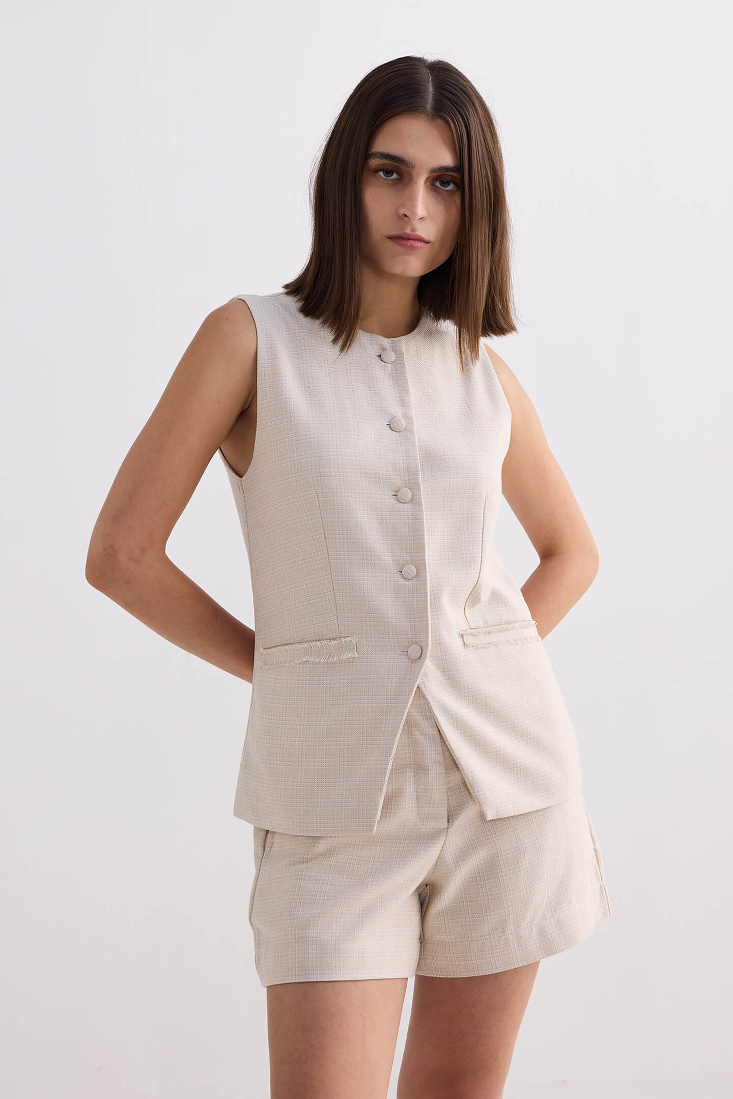 Cotton Tweed Shorts in Cream Closeup