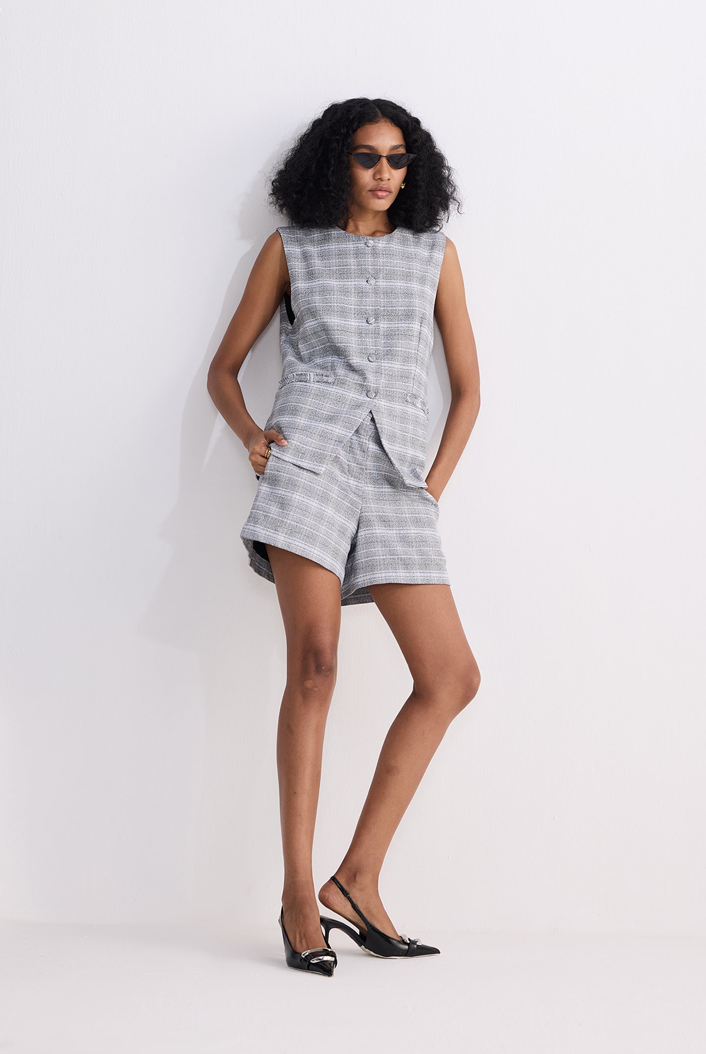 Cotton Tweed Vest Jacket Set in Grey Moodshot