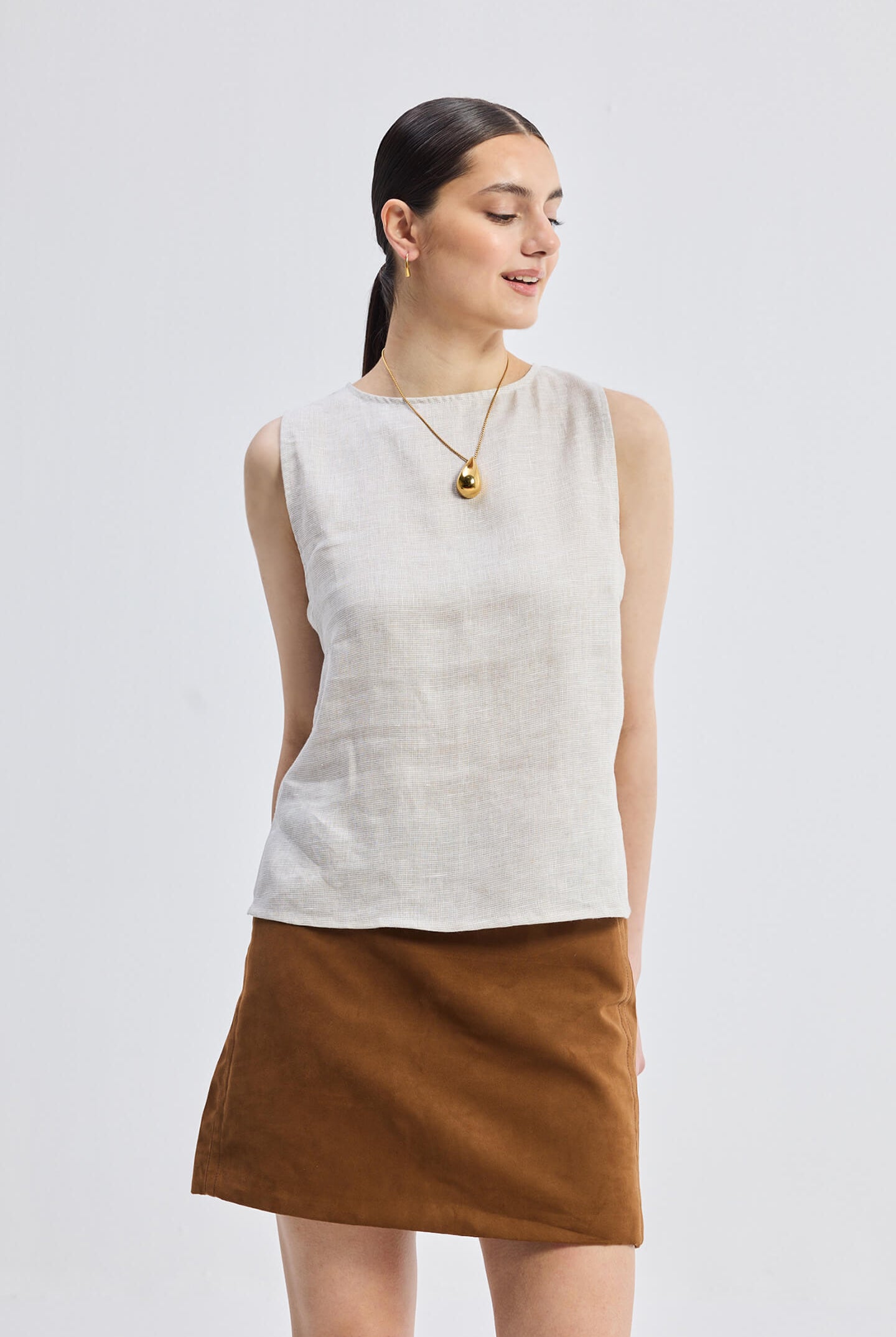 Boat Neck Top in Checkered Linen Front