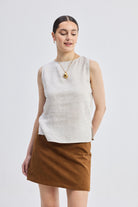 Boat Neck Top in Checkered Linen Front