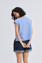 Boxy V-neck Top with Fray Detail Back