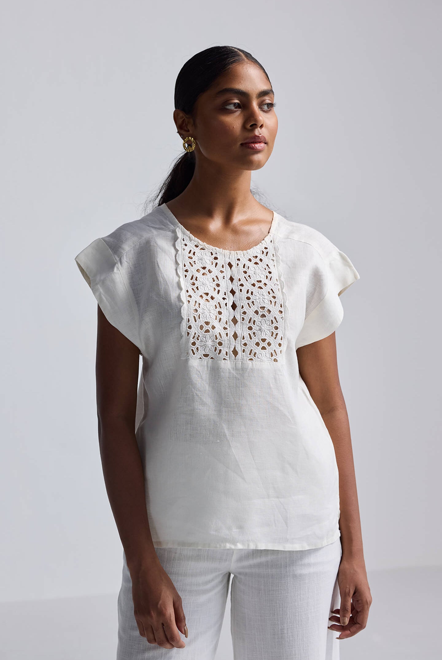 Boxy Top with Embroidered Lace Detail Front