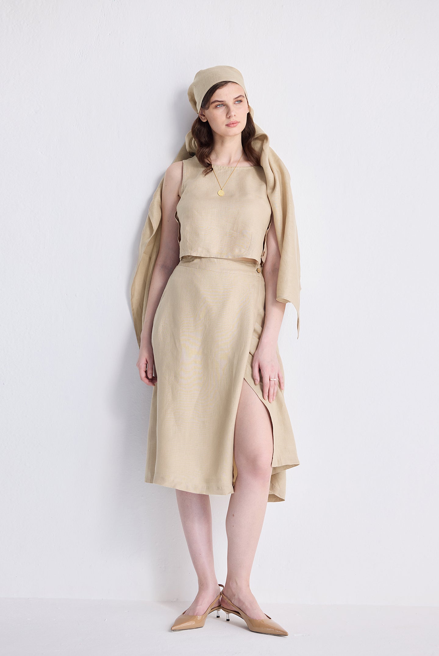 Overlap Midi Skirt in Neutral Beige Long Shot