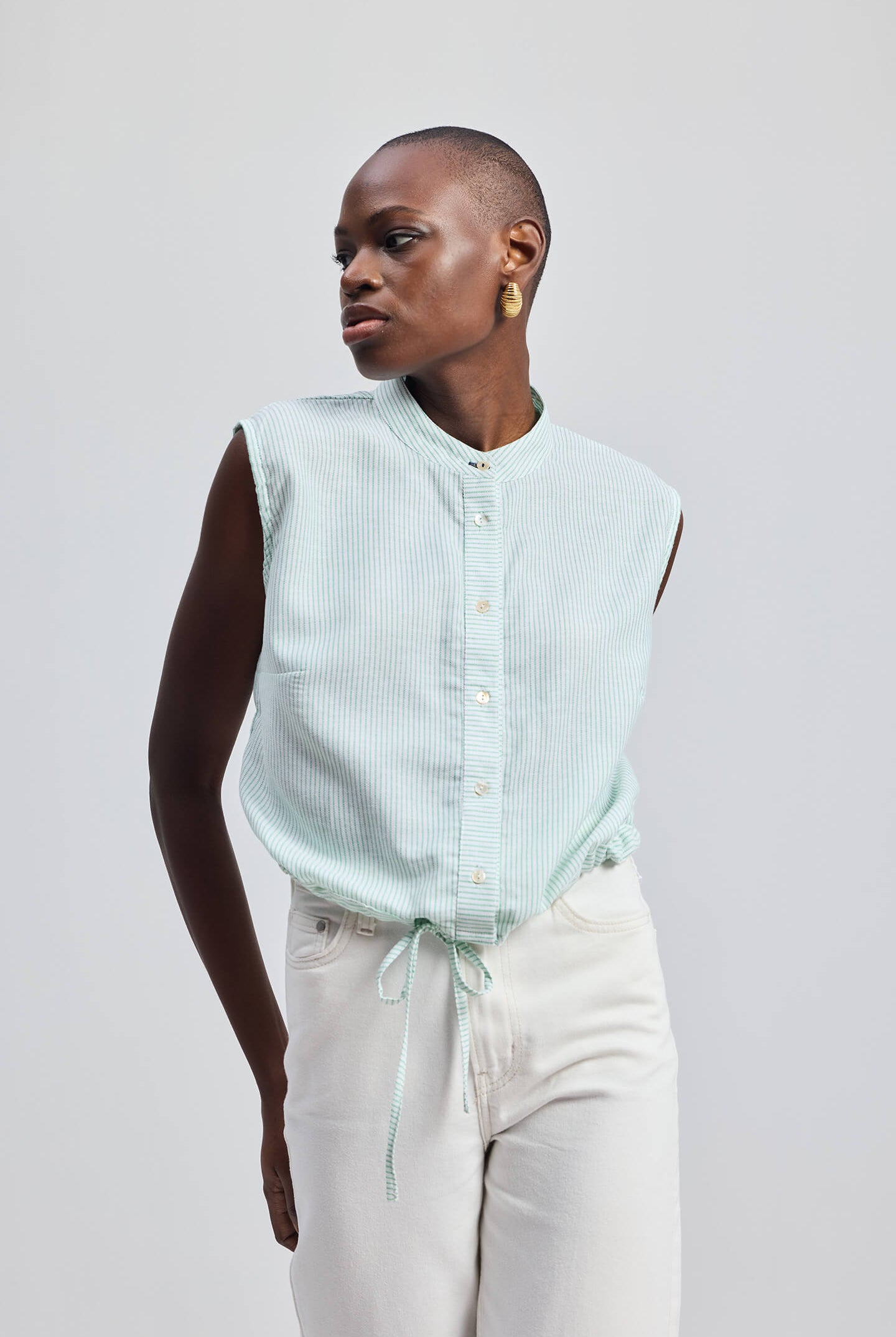 Button-down Shirt with Waist Drawstring in Stripes Front
