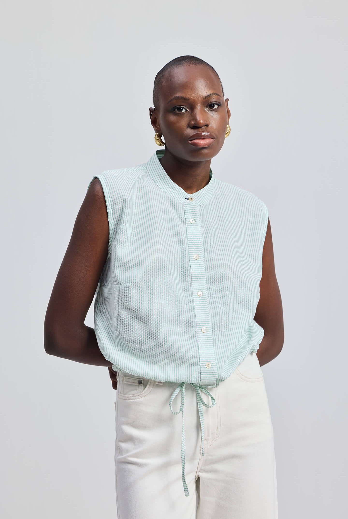 Button-down Shirt with Waist Drawstring in Stripes Front