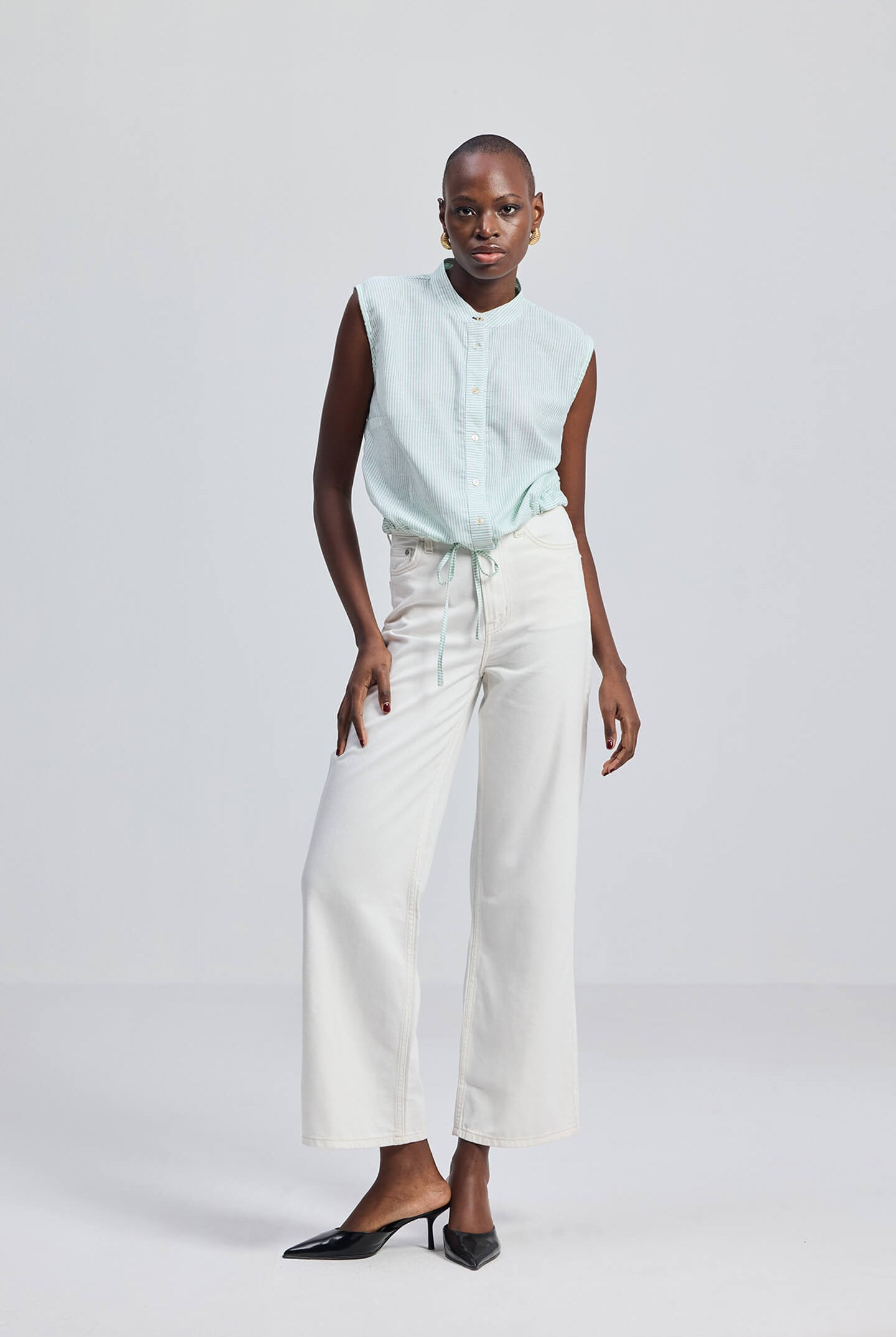 Button-down Shirt with Waist Drawstring in Stripes Front