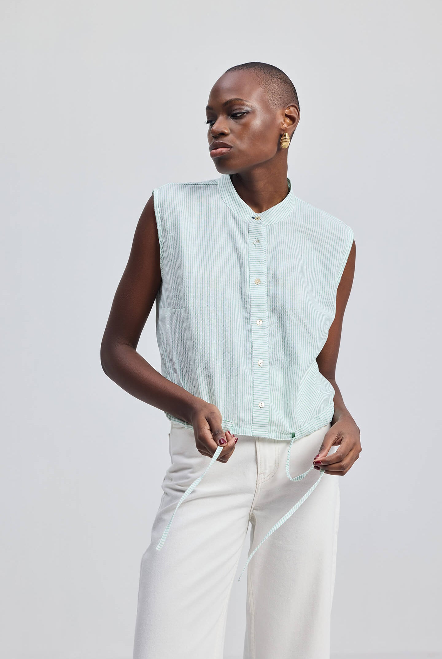 Button-down Shirt with Waist Drawstring in Stripes Moodshot