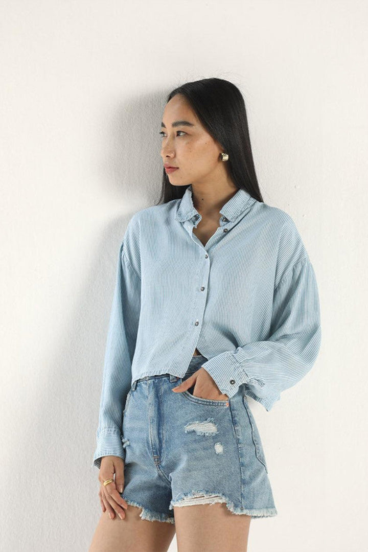 Crop it Like it's Hot Shirt in Blue Denim