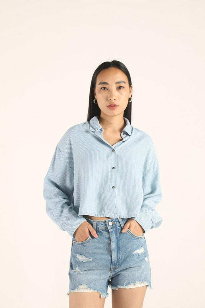 Crop it Like it's Hot Shirt in Blue Denim