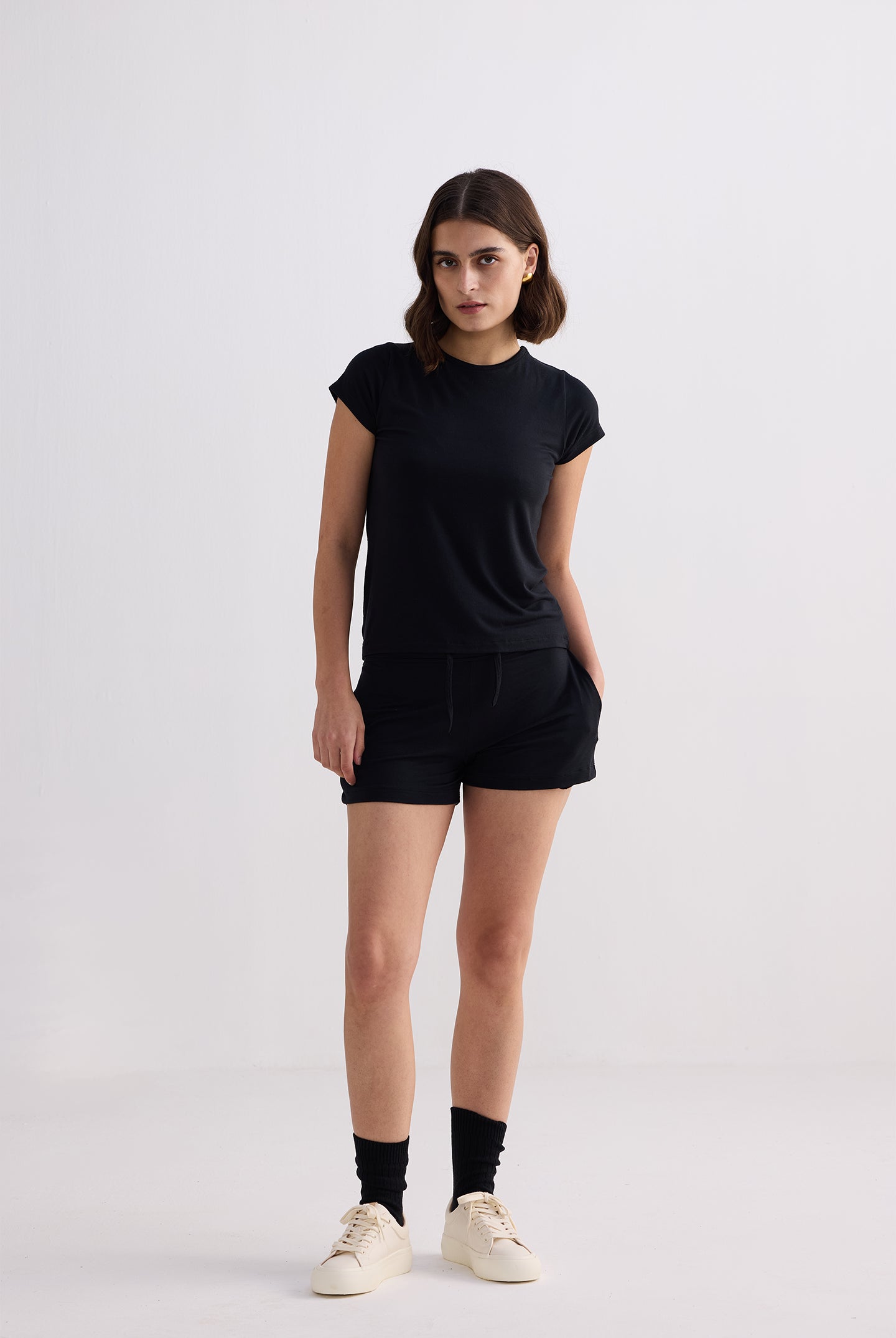 Essential Short Sleeve Tee Set in Black Front
