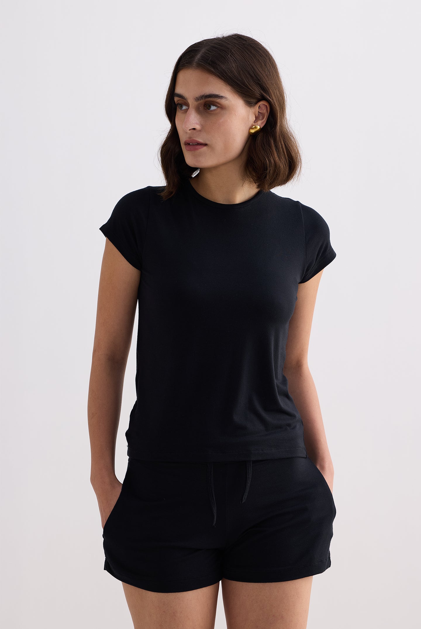 Essential Short Sleeve Tee Set in Black Front