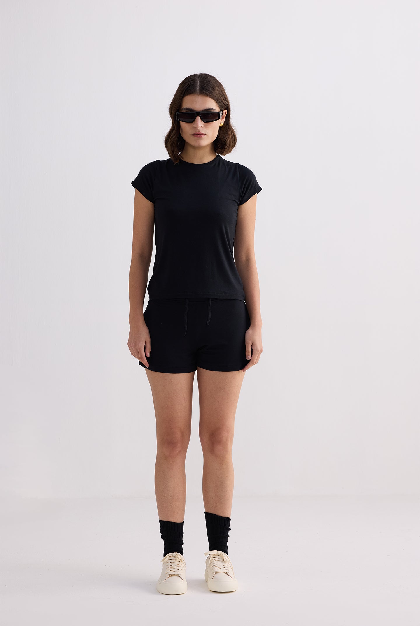 Essential Short Sleeve Tee Set in Black Front