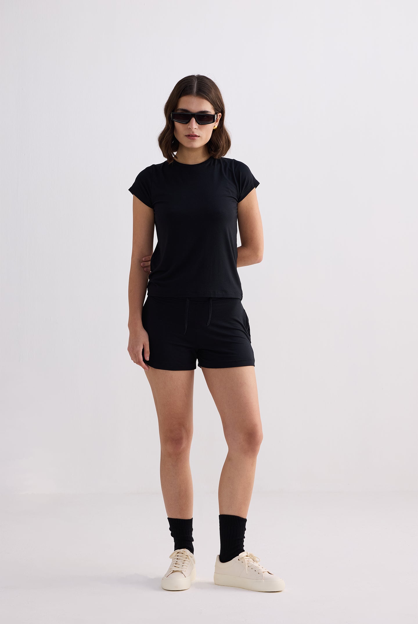 Essential Short Sleeve Tee Set in Black Front