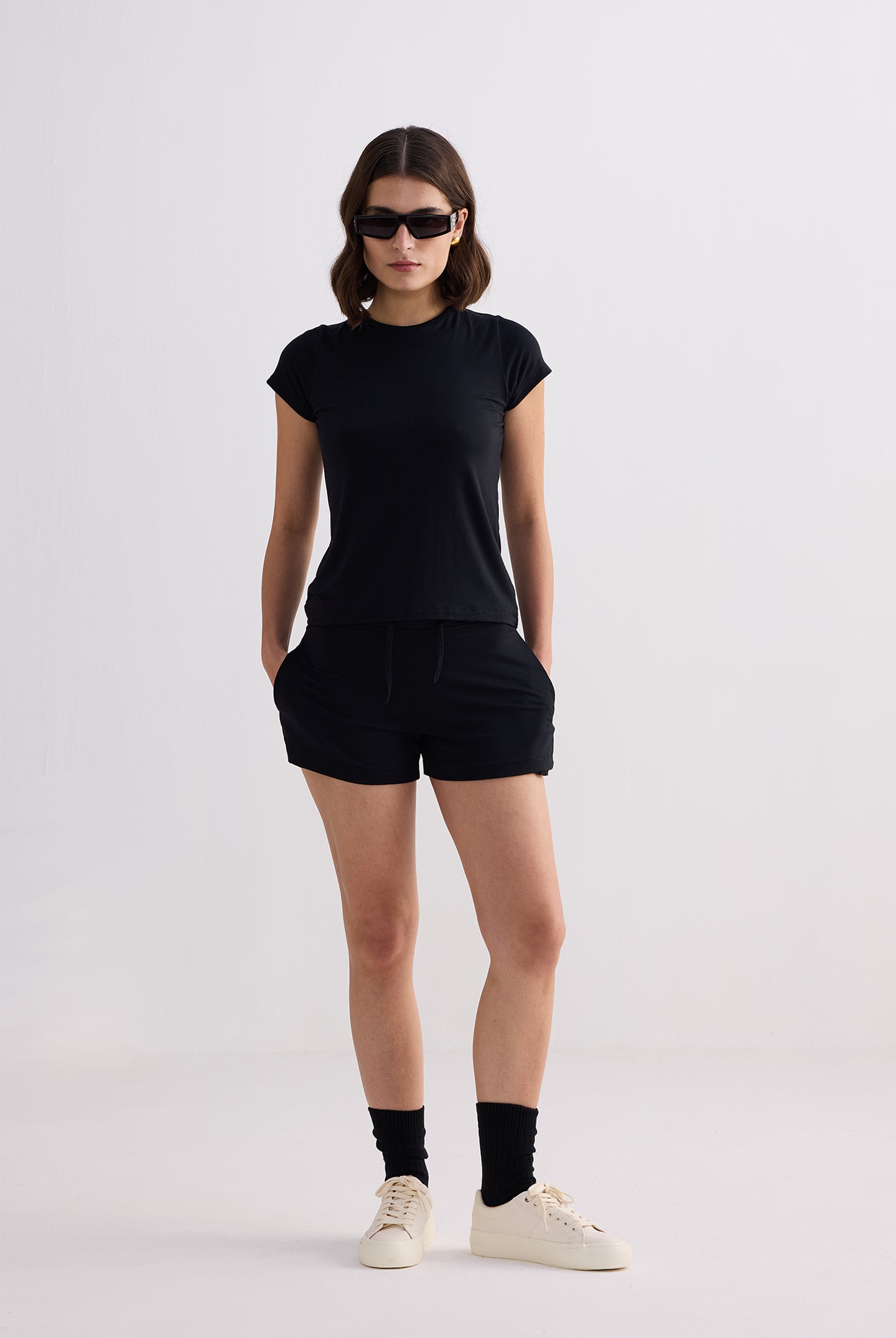 Essential Short Sleeve Tee Set in Black Front