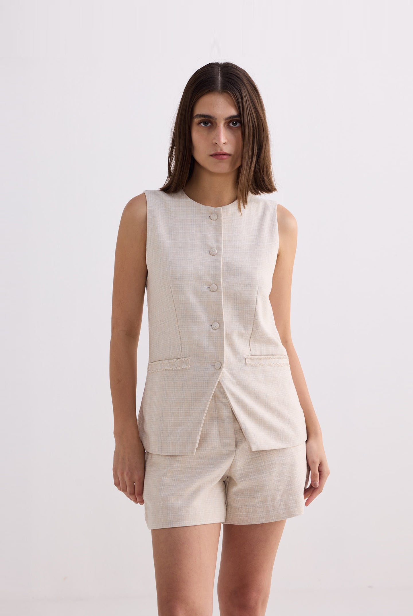 Cotton Tweed Shorts in Cream Front