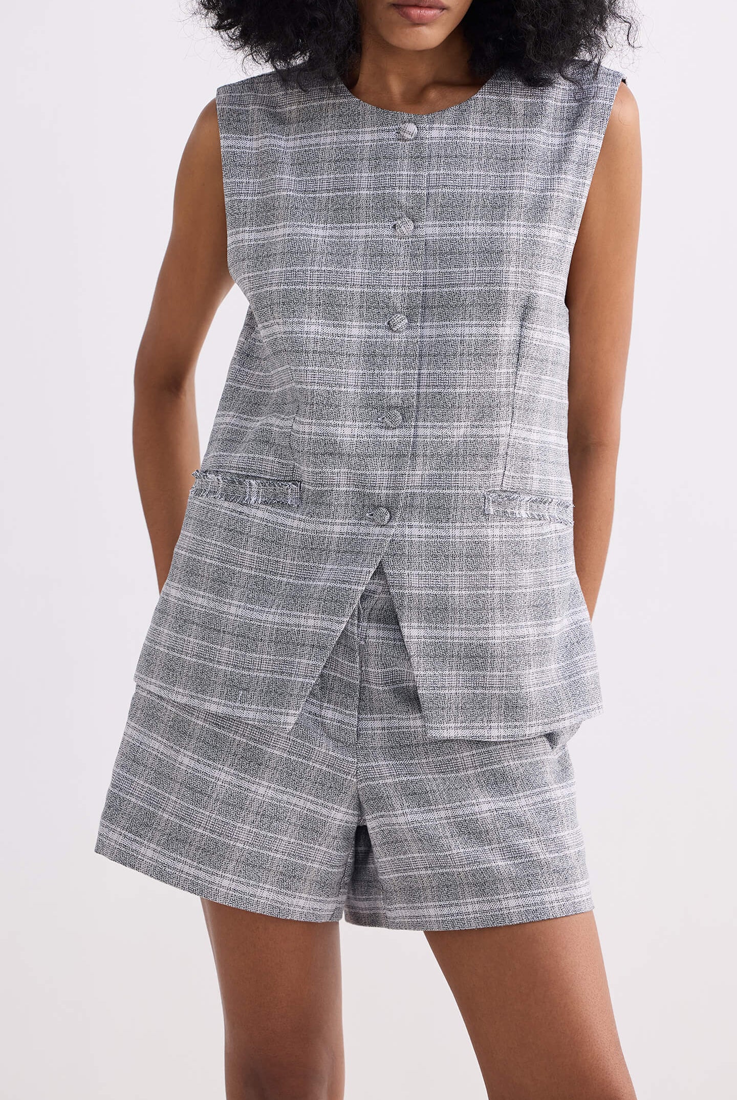 Cotton Tweed Vest Jacket in Grey Closeup