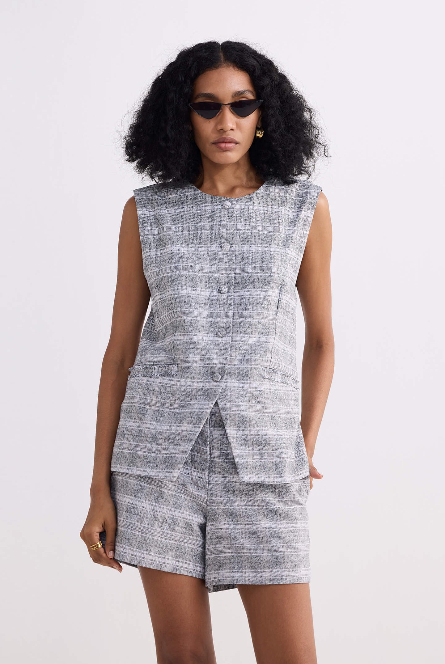 Cotton Tweed Vest Jacket in Grey Front