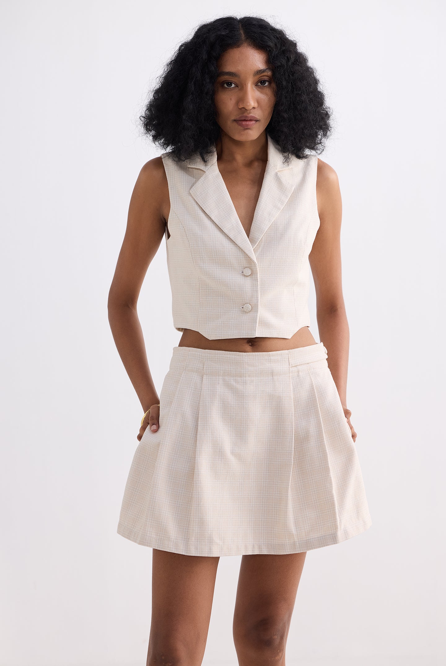Cropped Cotton Tweed Vest Set in Cream Side