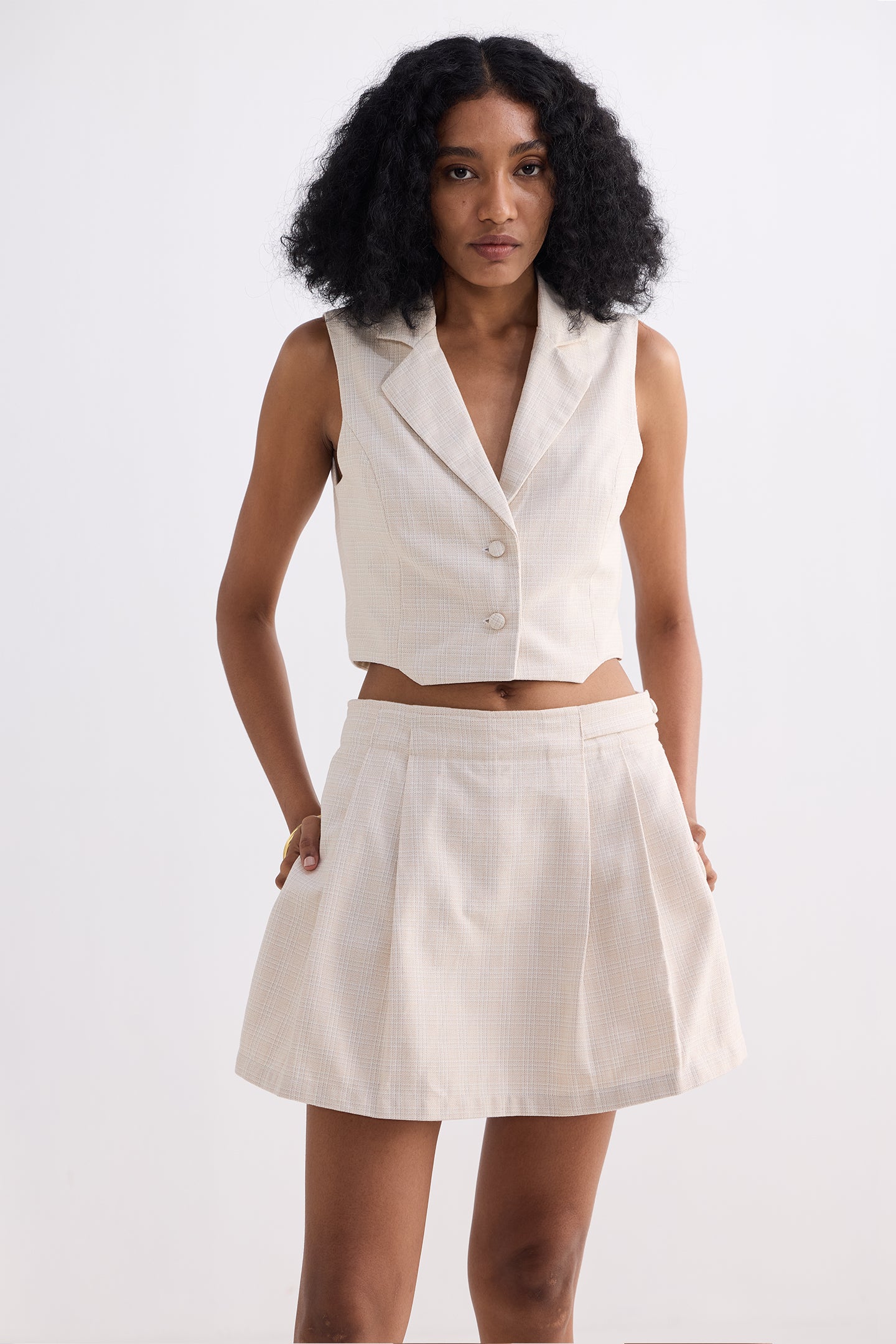 Cropped Cotton Tweed Vest Set in Cream Side