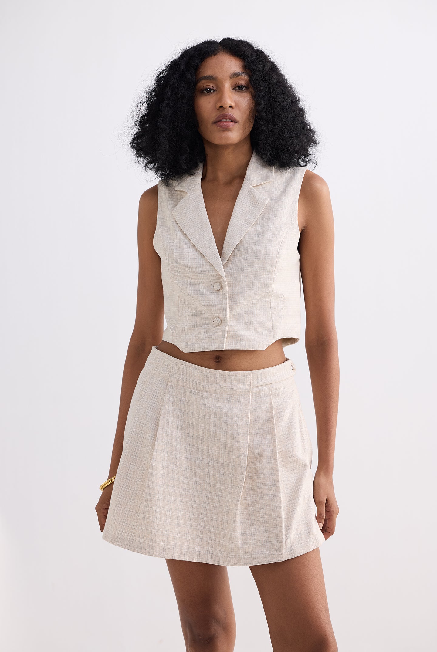 Cropped Cotton Tweed Vest Set in Cream Front