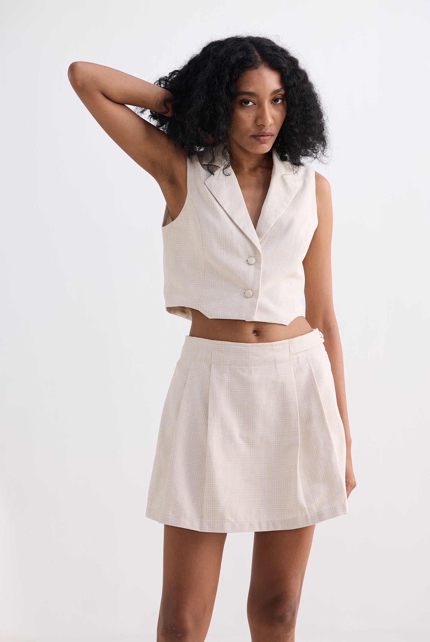 Cropped Cotton Tweed Vest Set in Cream Moodshot