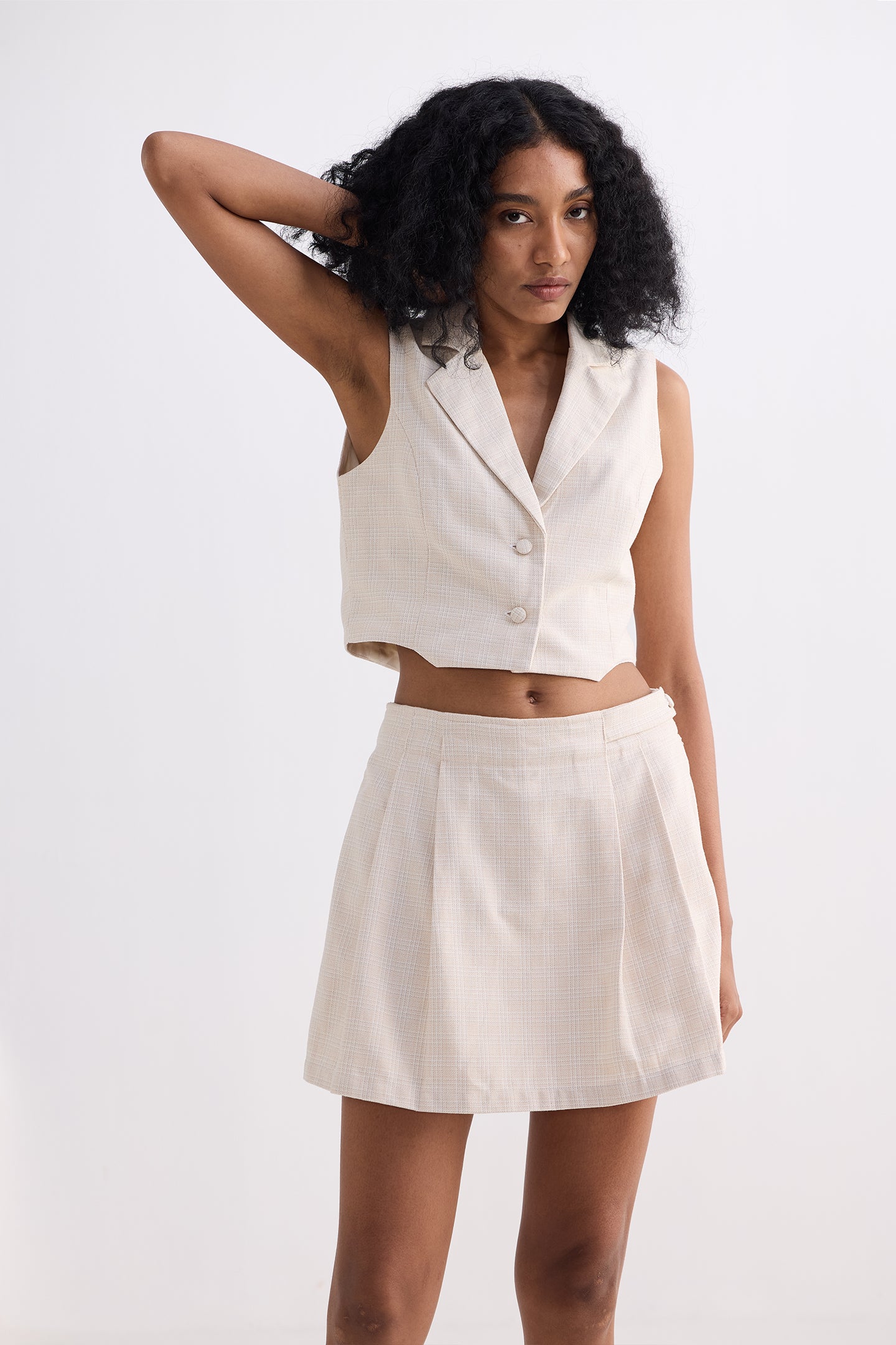 Cropped Cotton Tweed Vest Set in Cream Moodshot