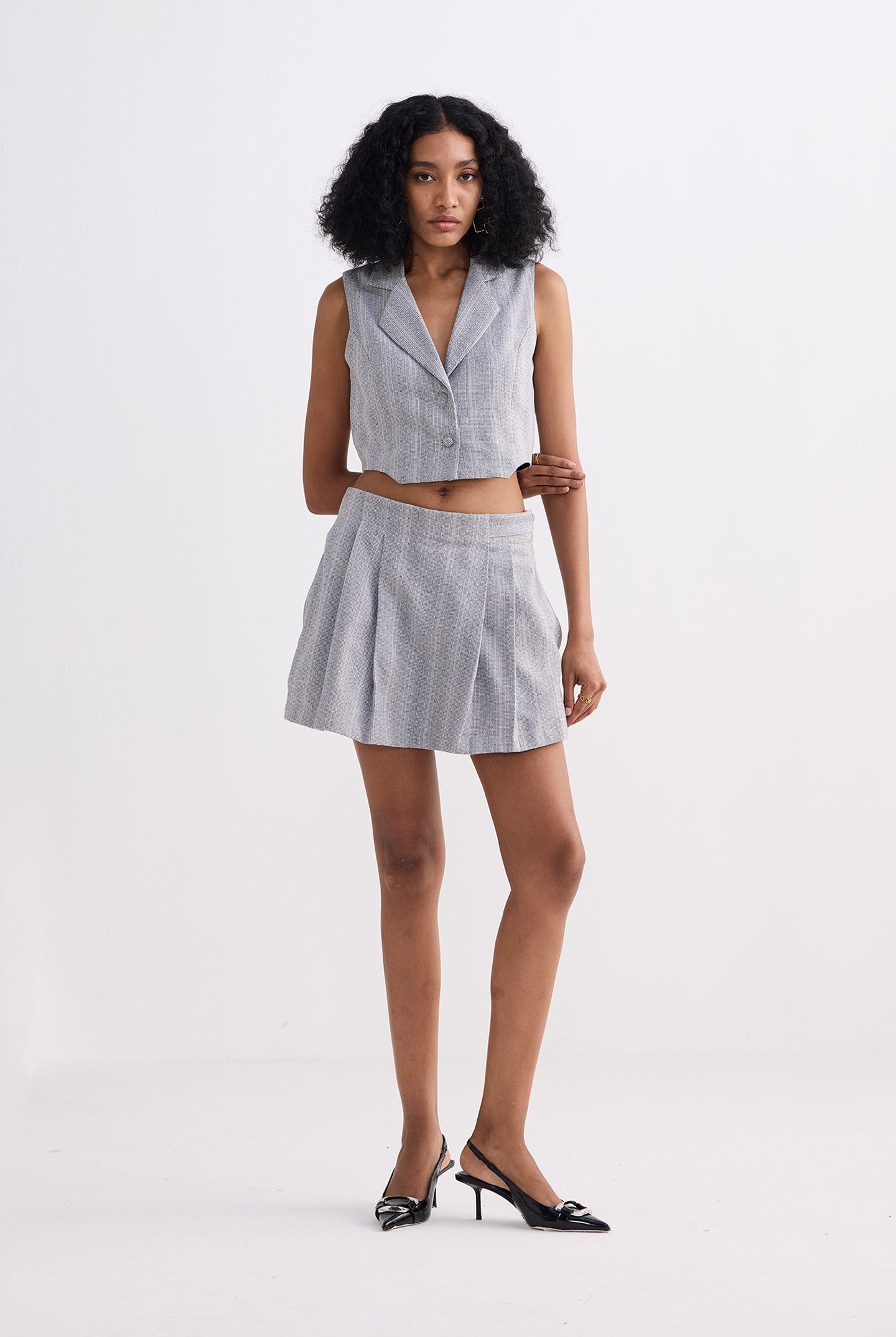 Cropped Cotton Tweed Vest Set in Grey Front