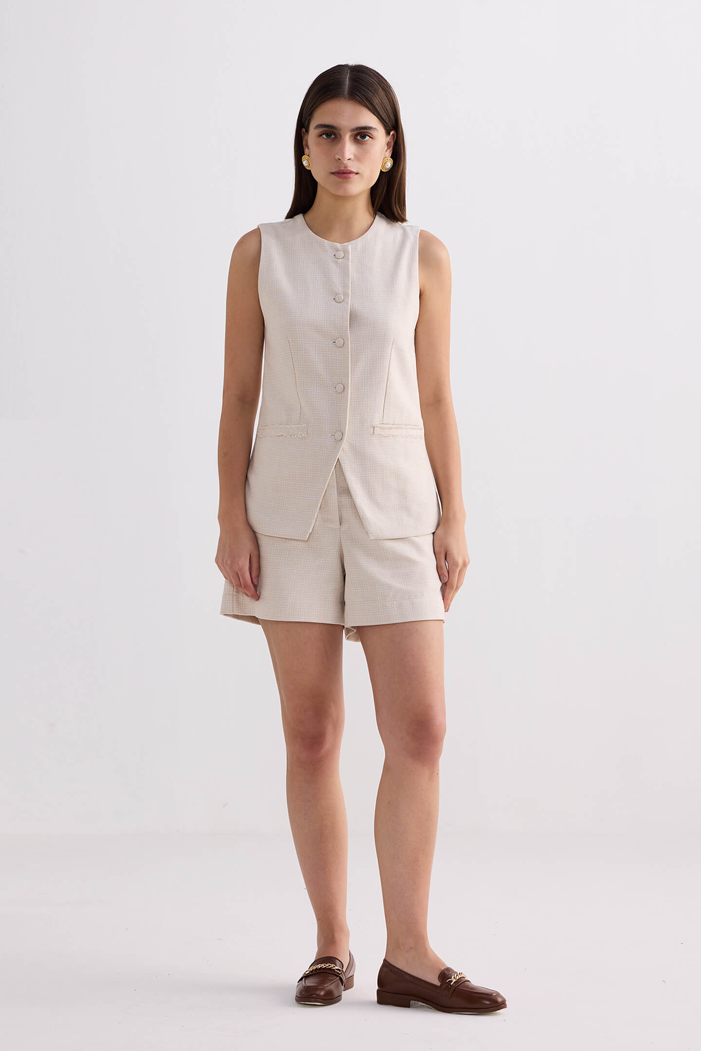 Cotton Tweed Vest Jacket in Cream Long Shot