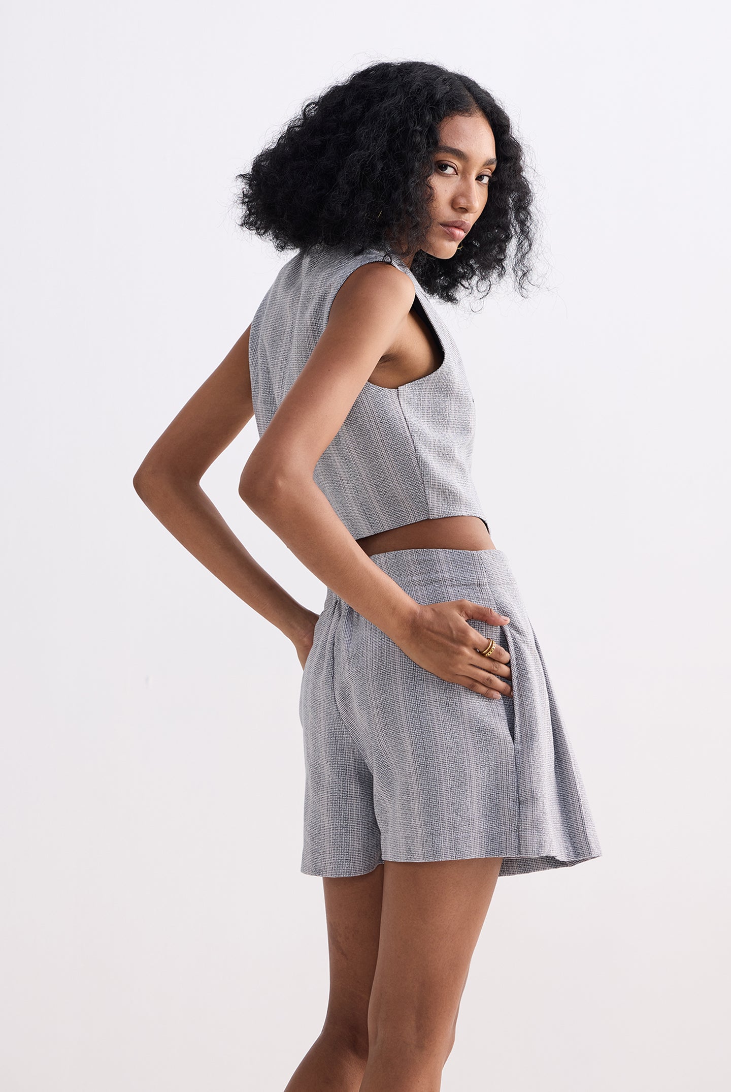 Cropped Cotton Tweed Vest Set in Grey Side