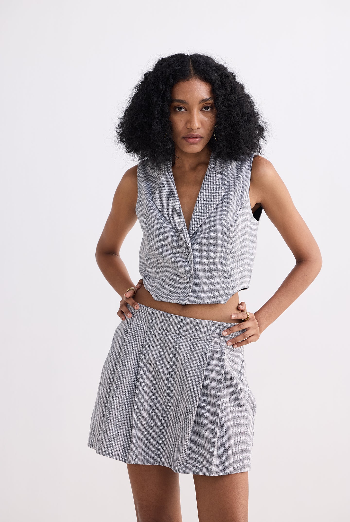 Cropped Cotton Tweed Vest Set in Grey Front