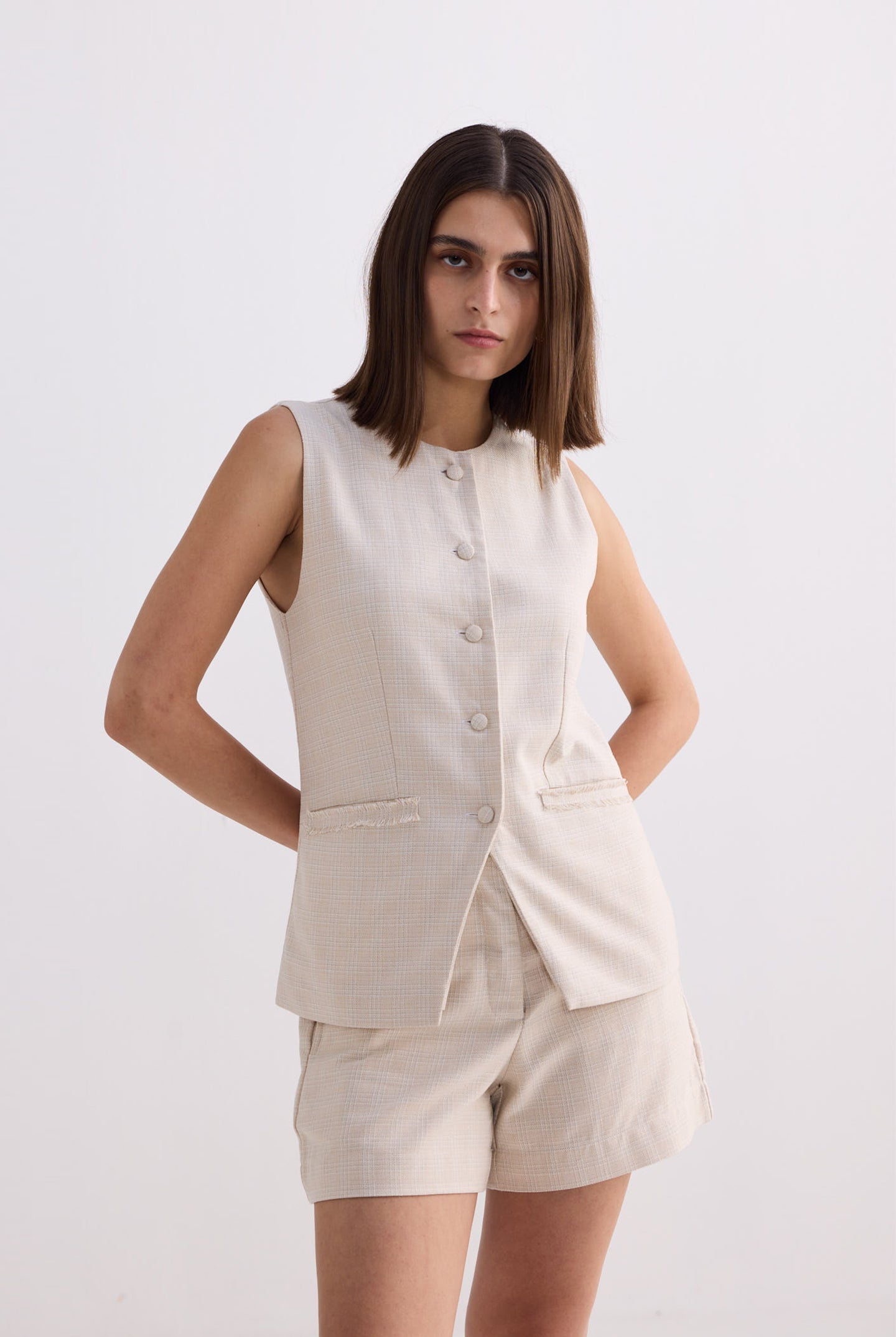 Cotton Tweed Vest Jacket in Cream Medium Shot