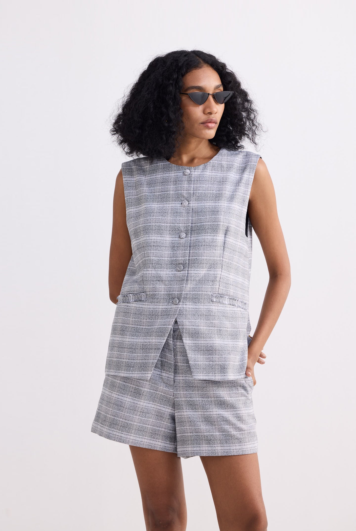 Cotton Tweed Vest Jacket in Grey Front