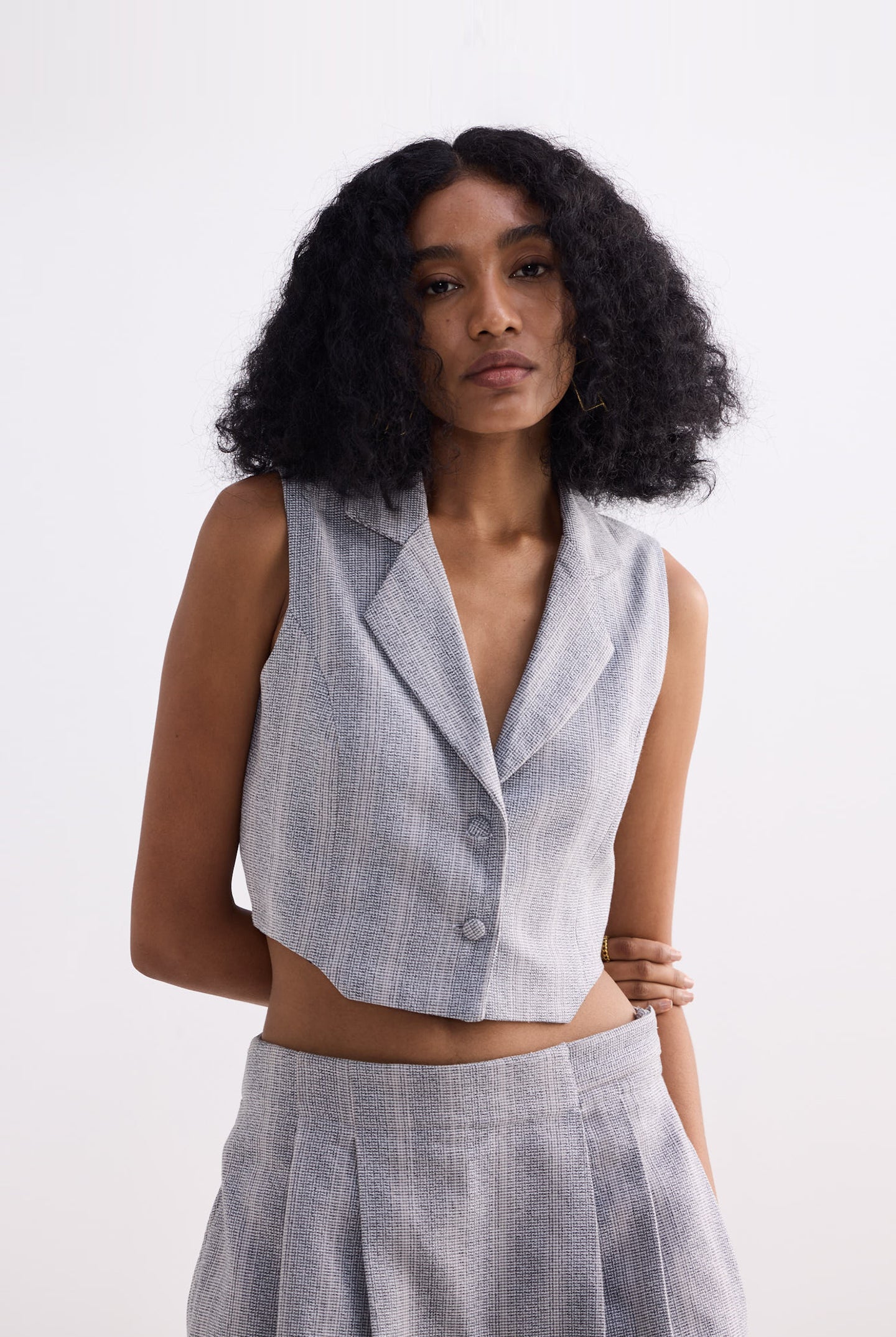 Cropped Cotton Tweed Vest in Grey Front