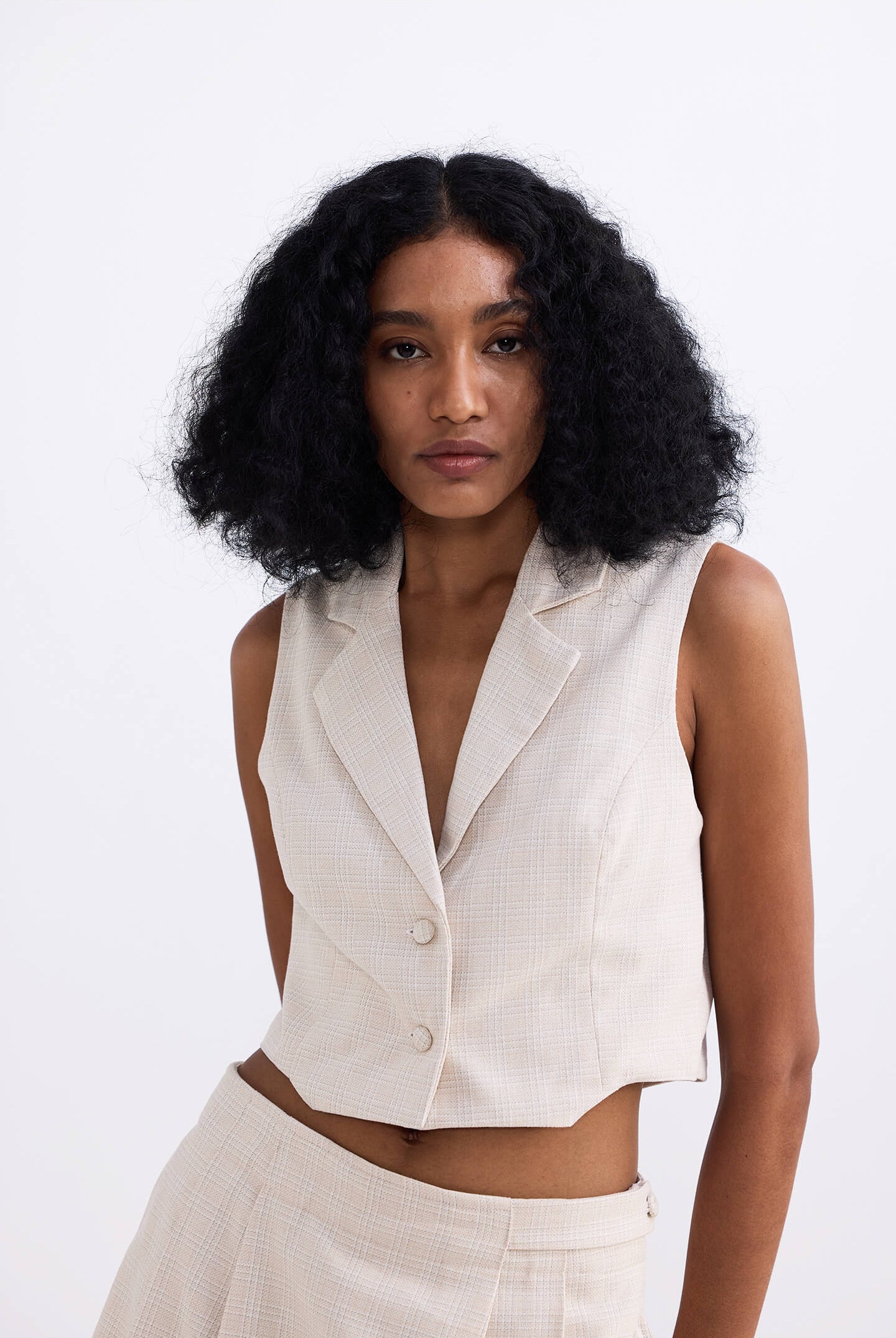 Cropped Cotton Tweed Vest in Cream Front