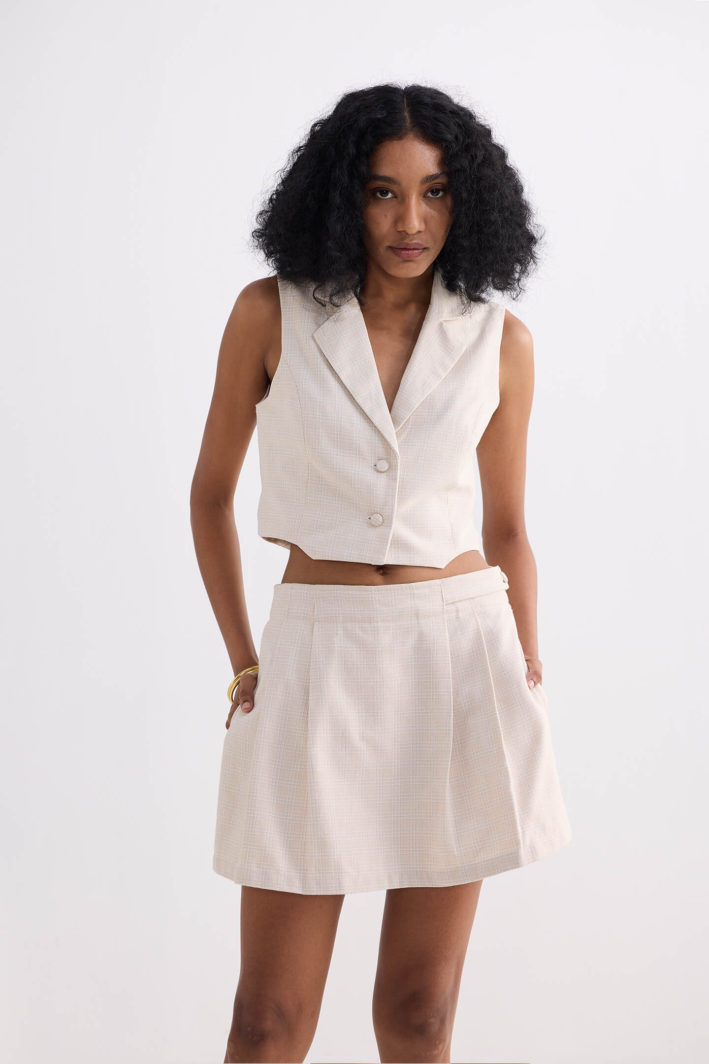Cropped Cotton Tweed Vest in Cream Front