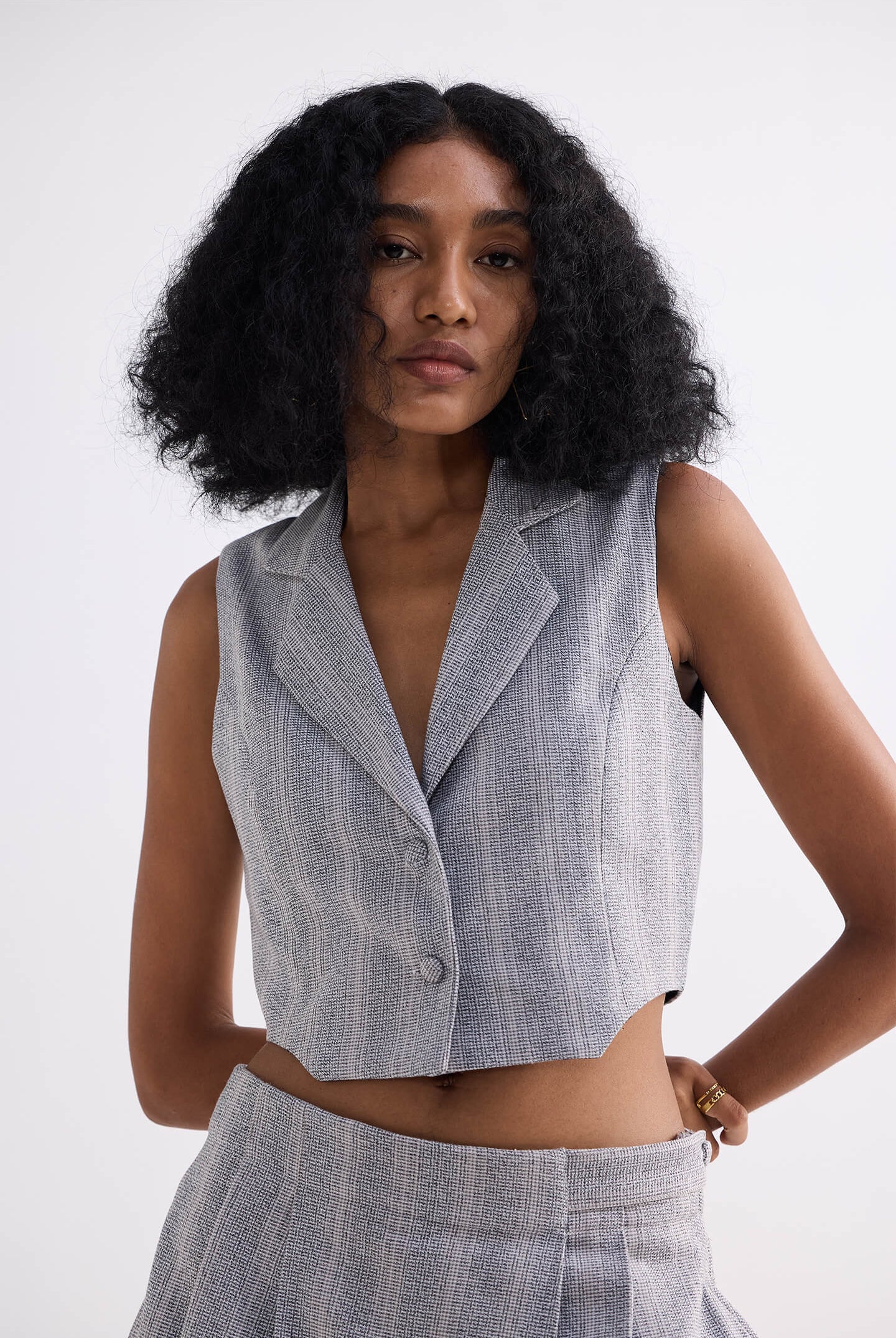 Cropped Cotton Tweed Vest in Grey Closeup