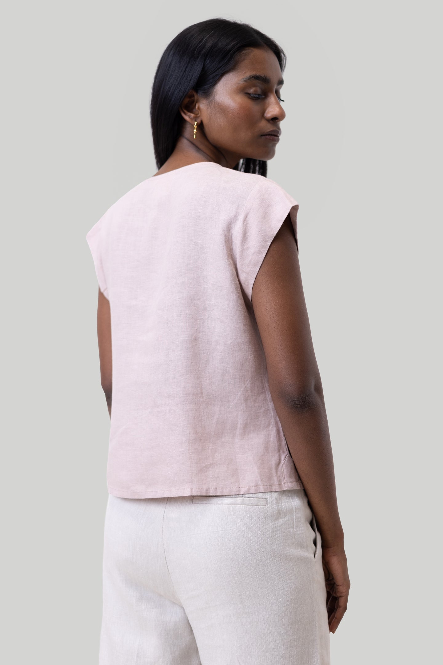 Deep V-neck short light olive top 02