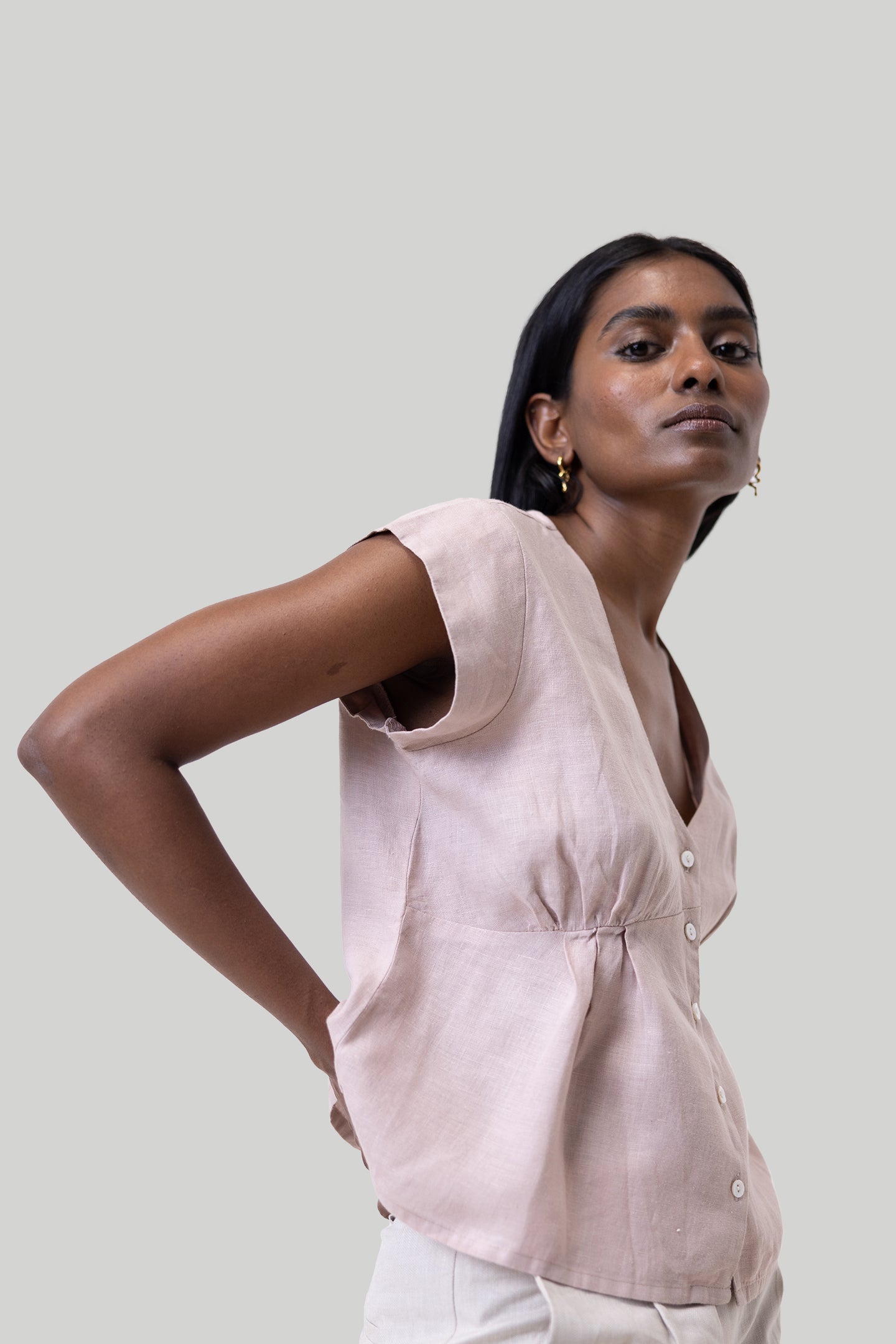 Deep V-neck short light olive top 03