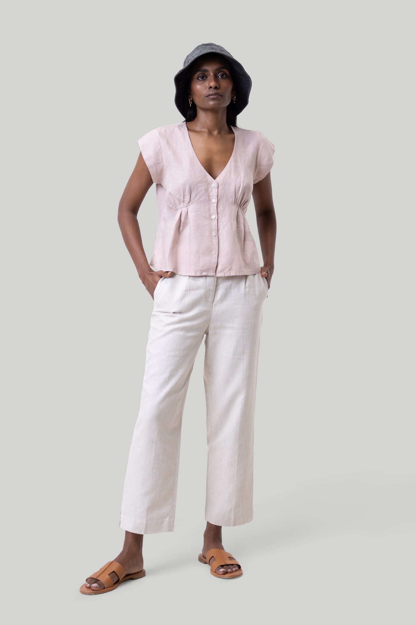 Deep V-neck short light olive top 06