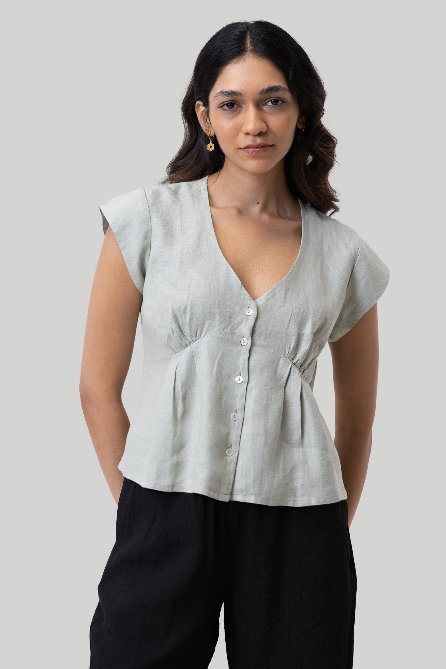 Deep V-neck short light olive top 01