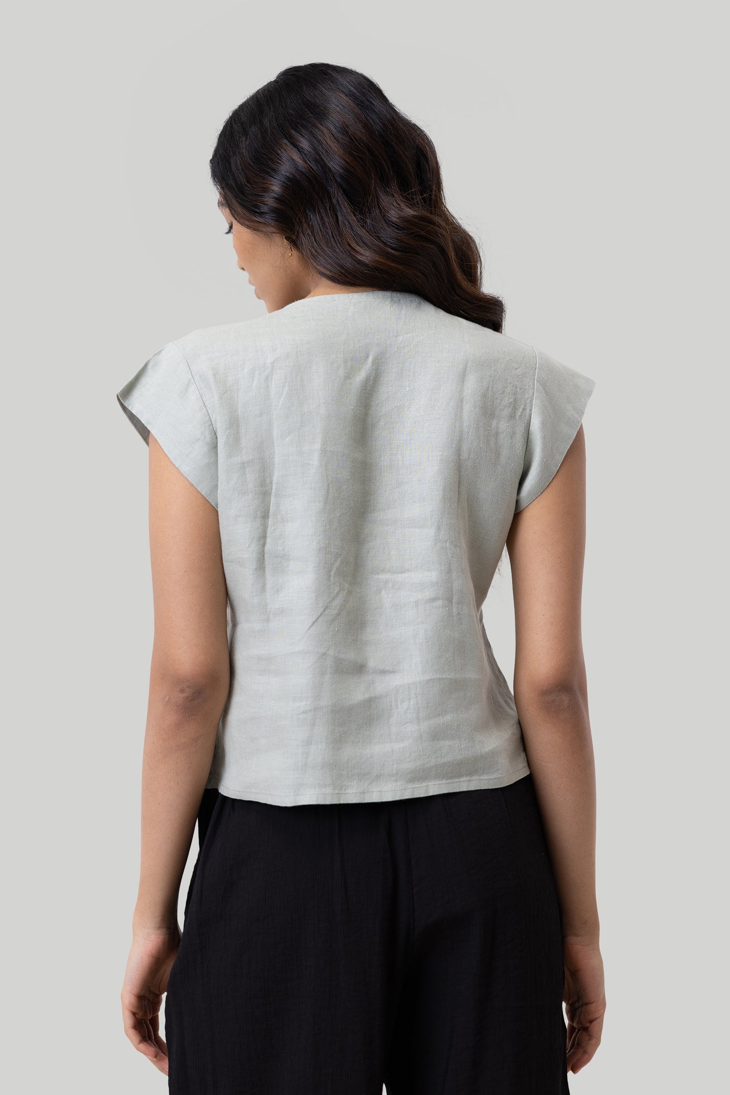 Deep V-neck short light olive top 02