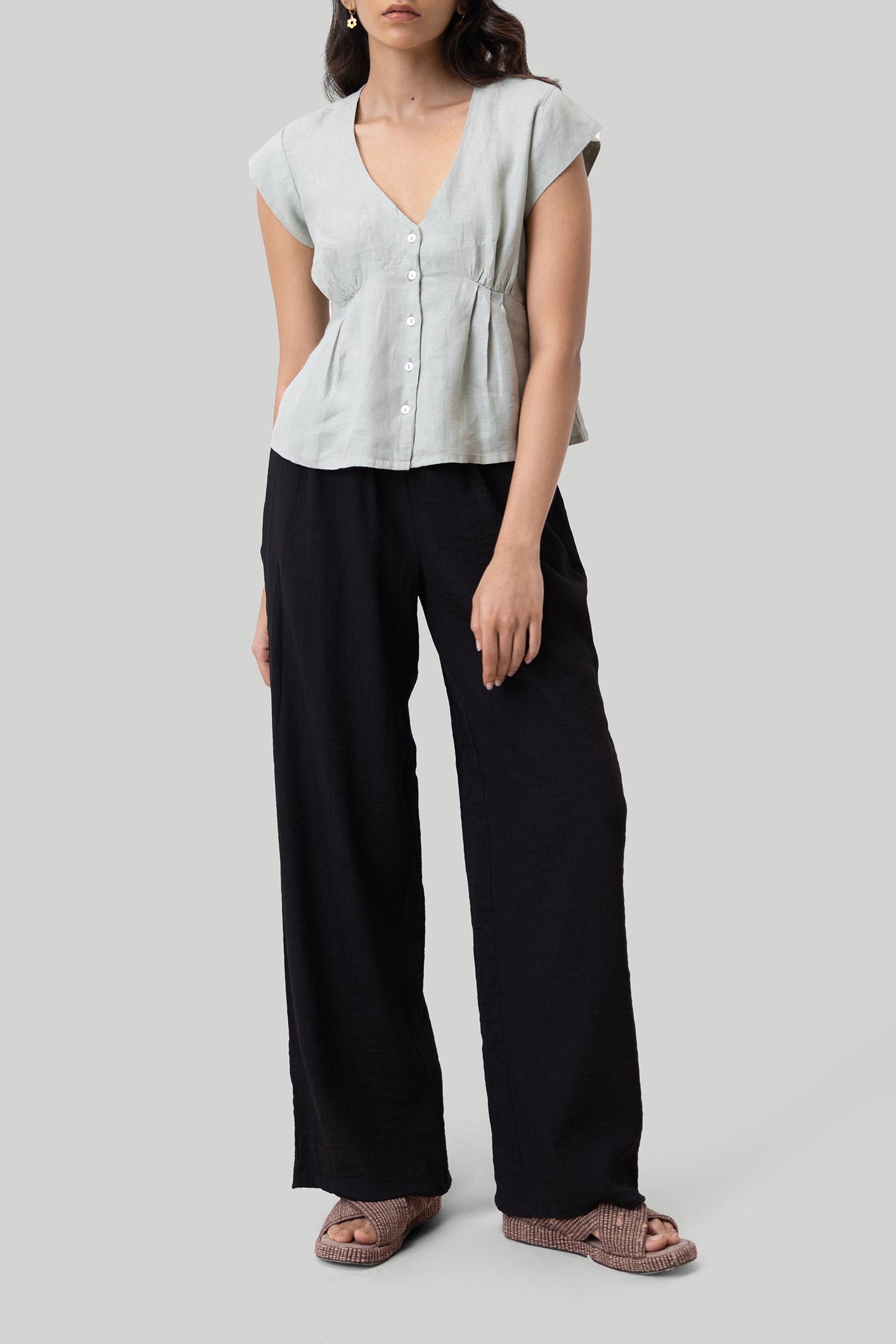 Deep V-neck short light olive top 03